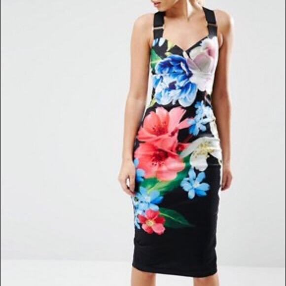 Ted Baker Alexie Floral Print Buckle Strap Midi Dress Forget Me Not Size M 8-10 - Picture 1 of 15